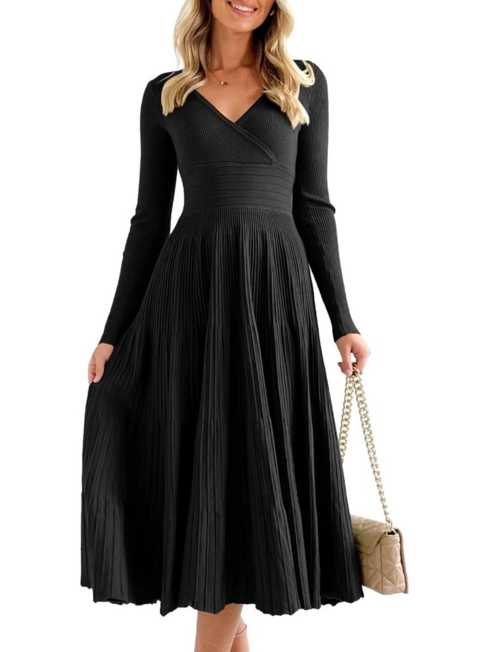 Chic Women's Long Sleeve V-Neck Midi Sweater Dress - Pleated Maxi Style